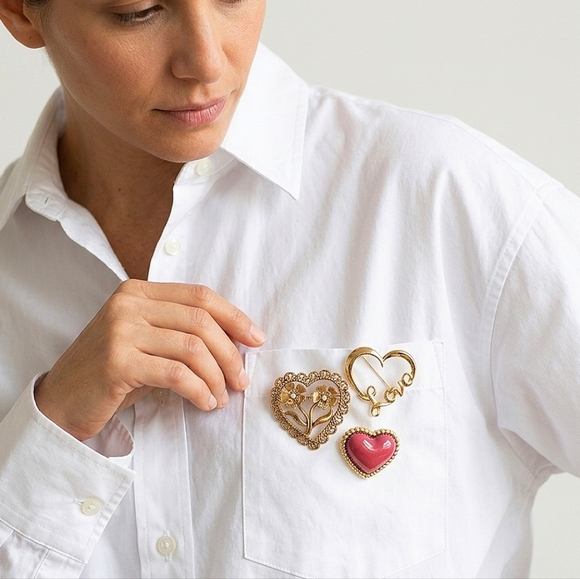 Vintage Jewelry - Vintage Heart Wreath Brooch Lot 3pc Gold Tone & Talbots Red Enamel Heart Pin